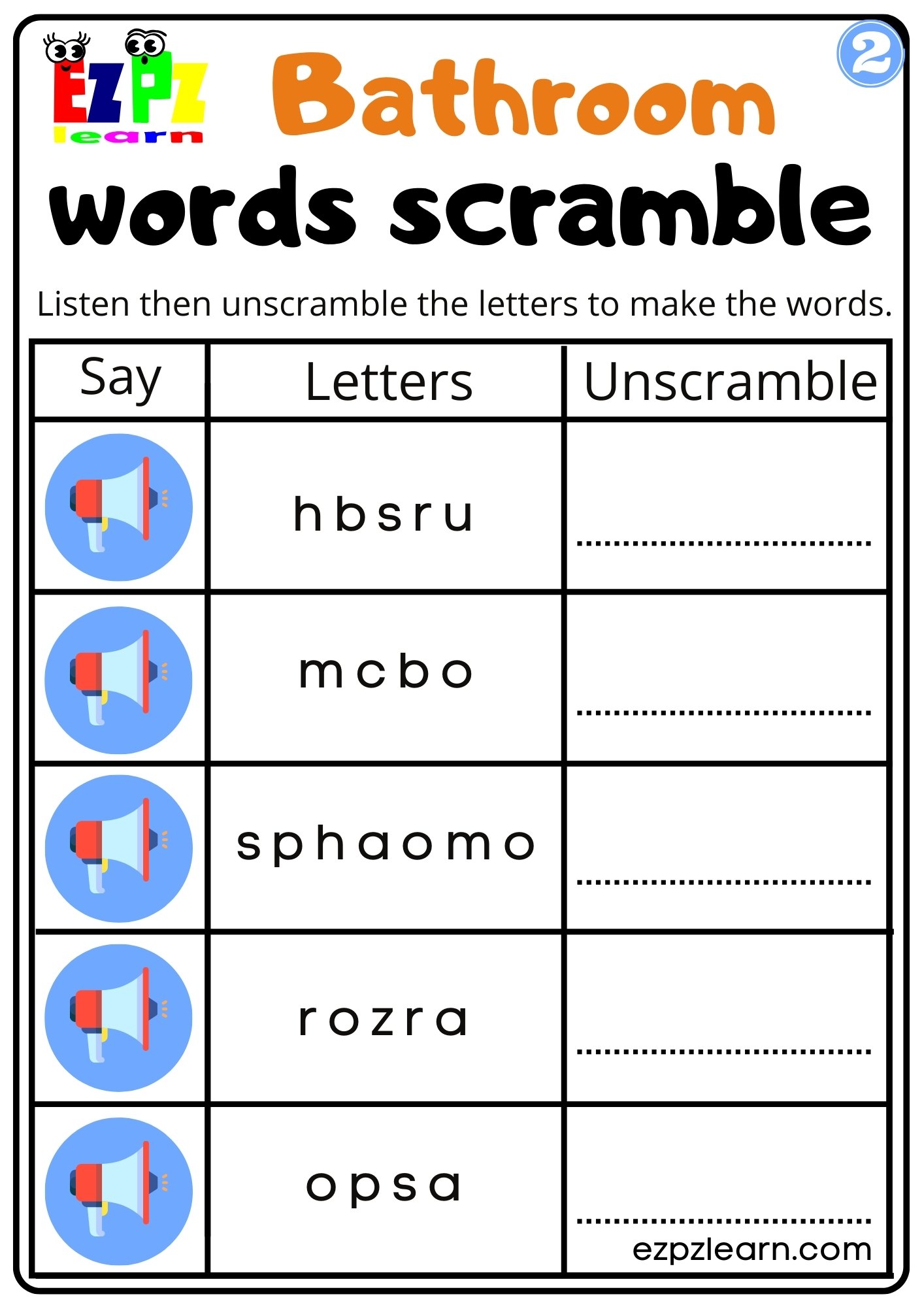 Bathroom Interactive Vocabulary Worksheet Listen, Unscramble and Write